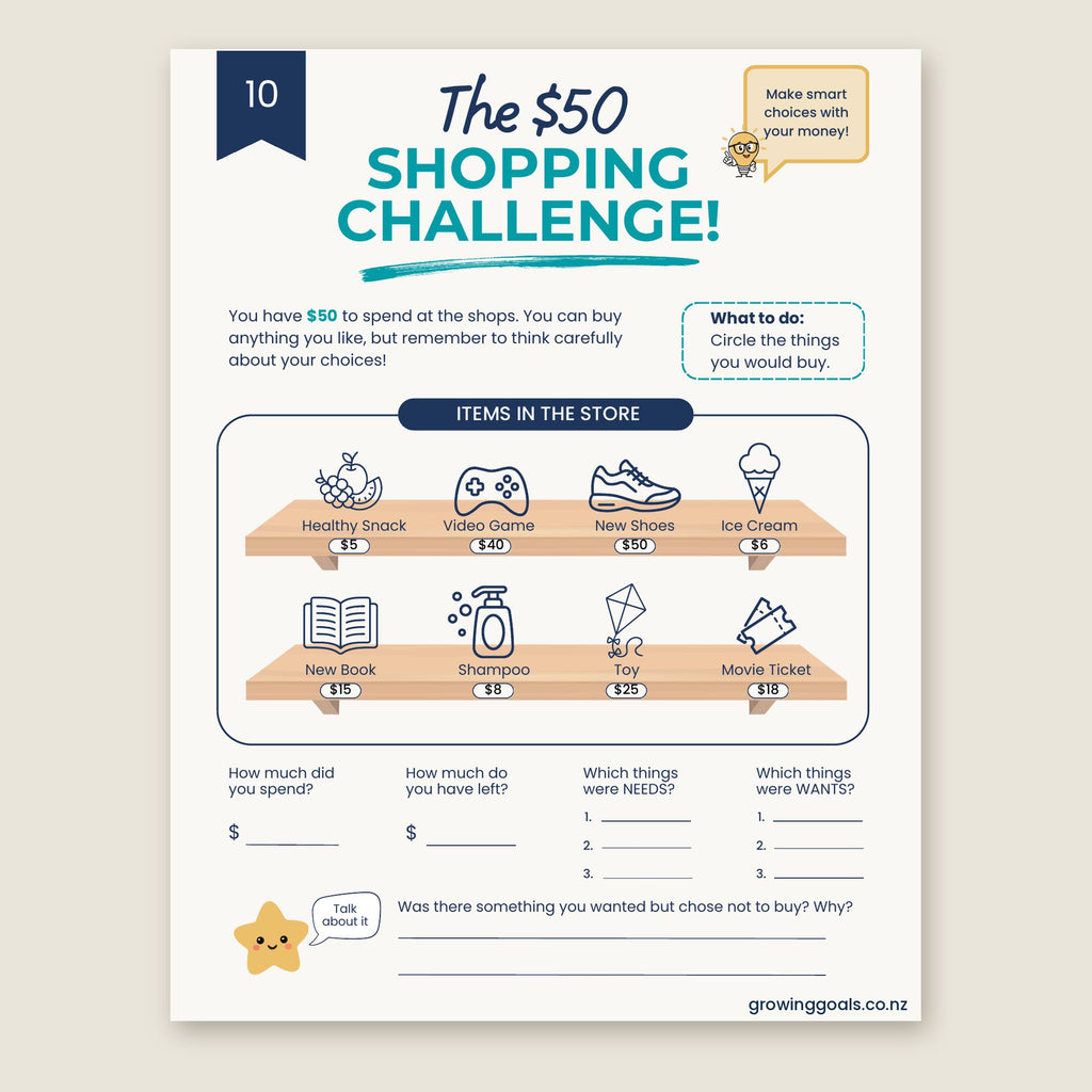 Inside page: The $50 Shopping Challenge Activity