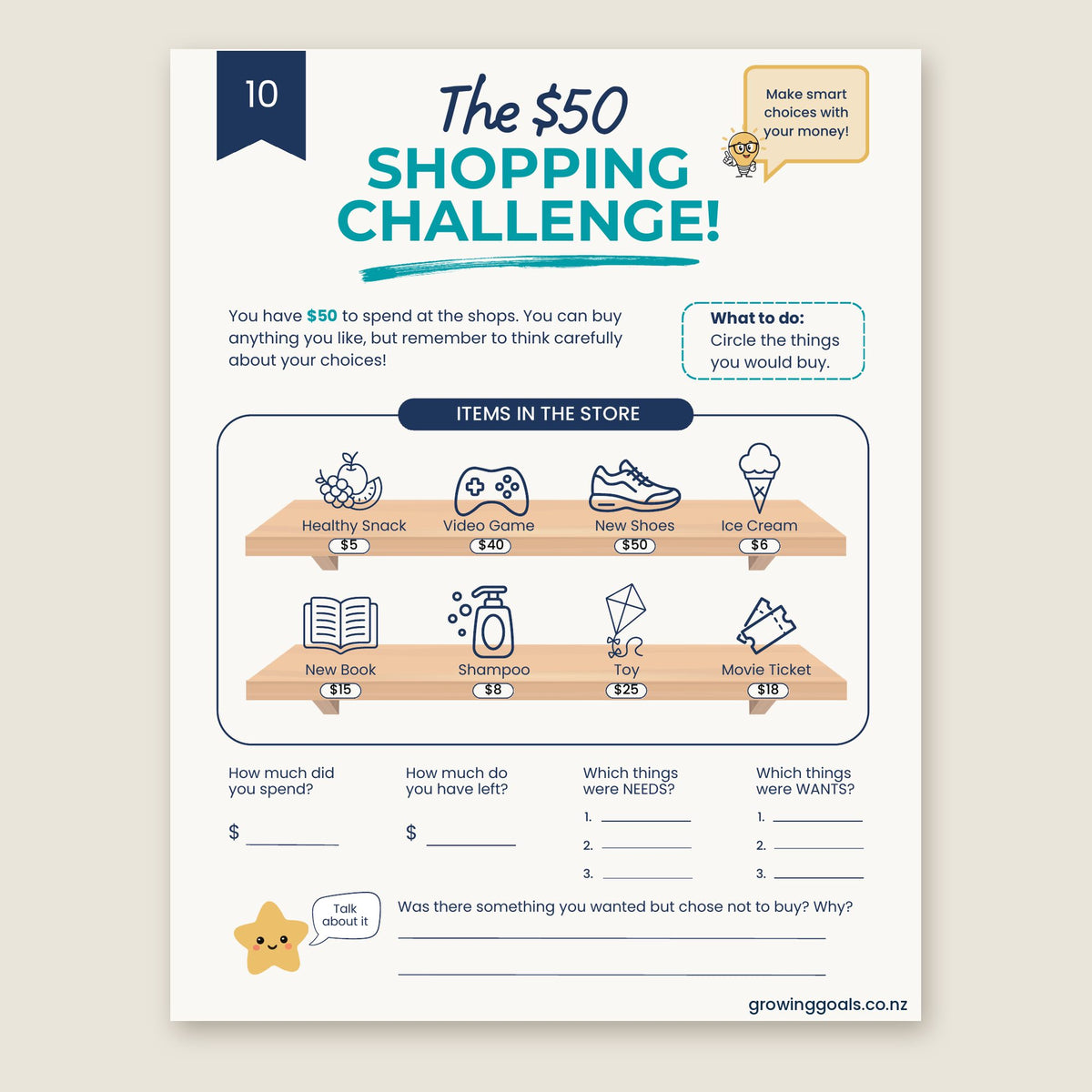 Inside page: The $50 Shopping Challenge Activity