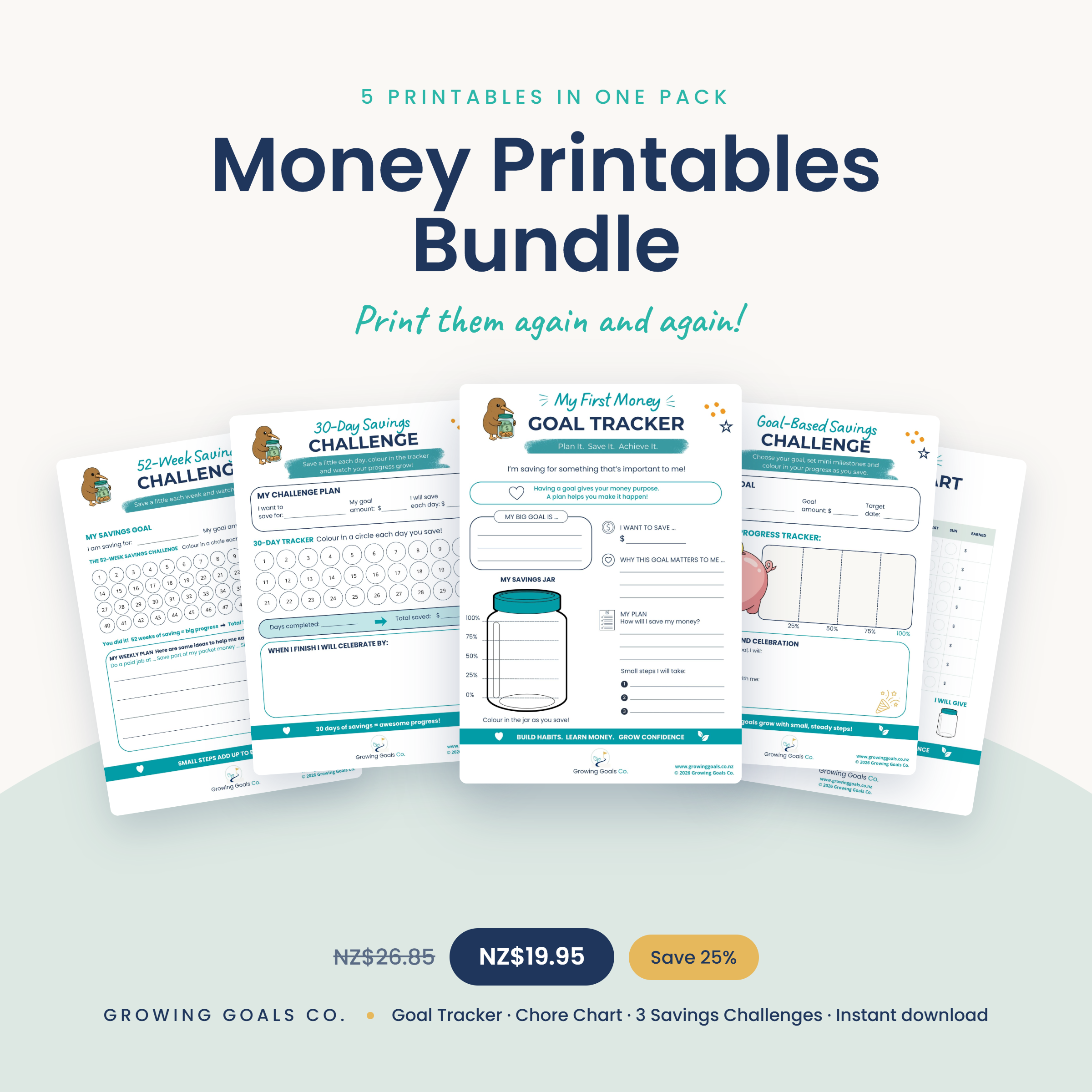 Money Printables Bundle - Goal Tracker, Chore Chart & Savings Challenges